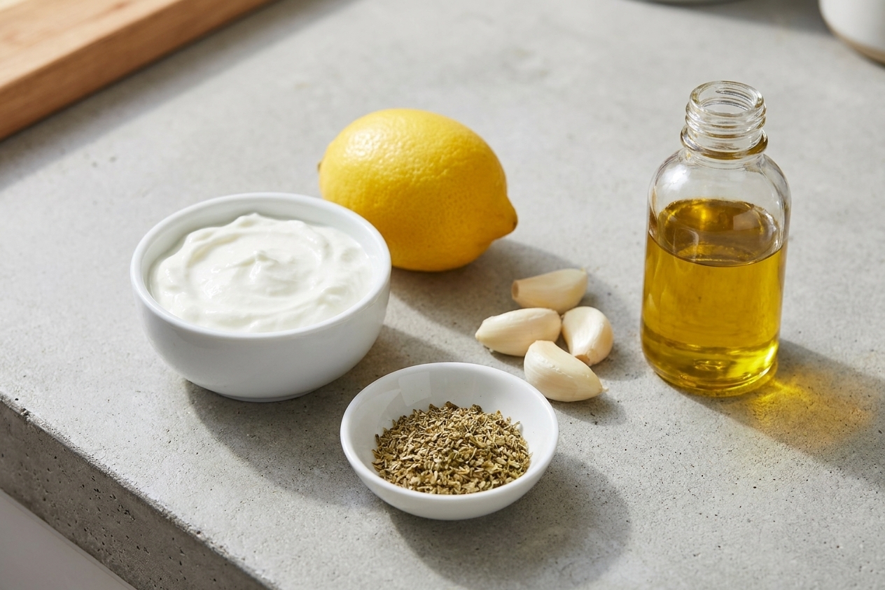A small bowl of Greek yogurt next to a lemon, garlic cloves, olive oil, and dried oregano on a kitchen counter, ingredients ready for a marinade