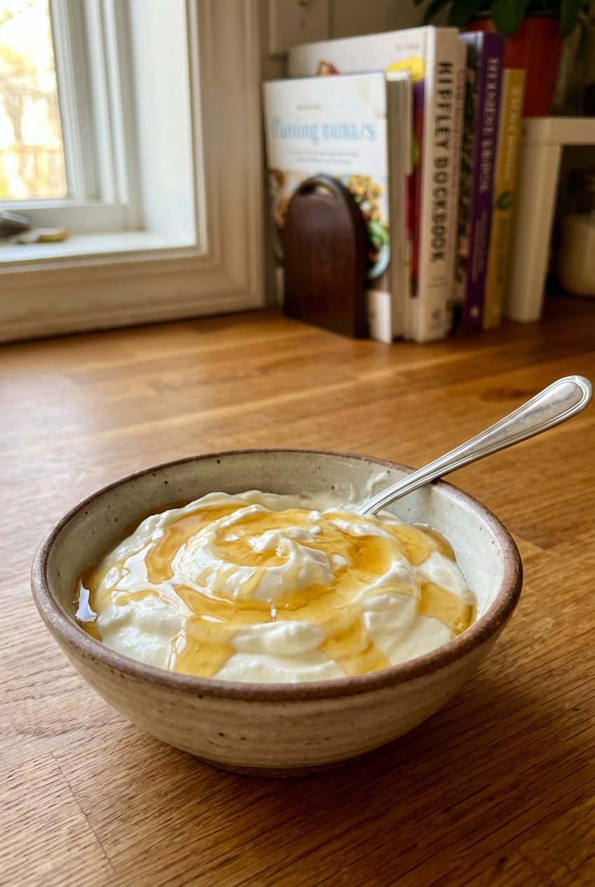 A small bowl of Greek yogurt topped with honey on a kitchen counter