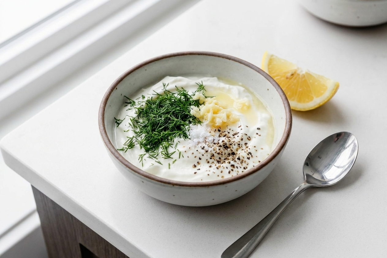 A small bowl of Greek yogurt with chopped dill, grated garlic, lemon, salt, and pepper on a kitchen counter beside a spoon