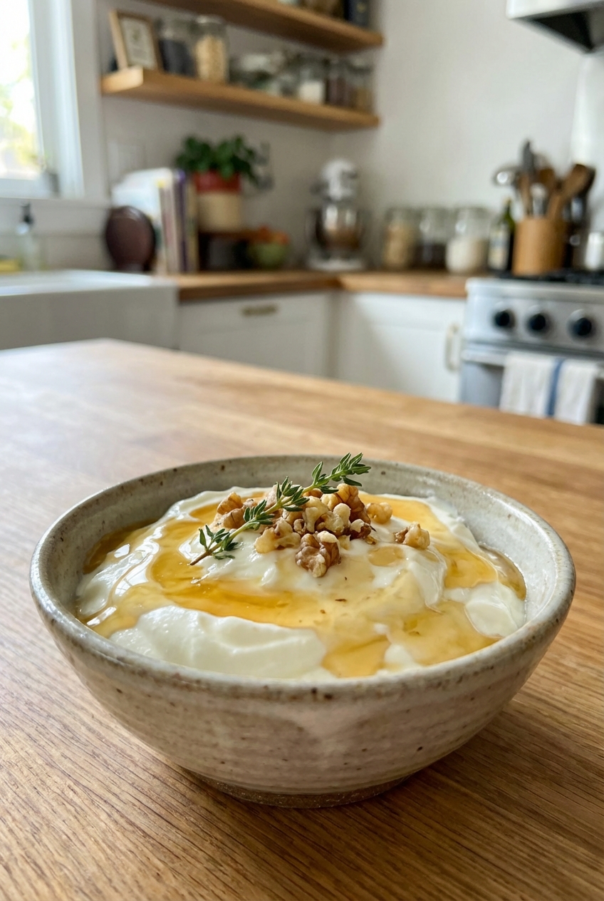 A small bowl of Greek yogurt with honey drizzled on top