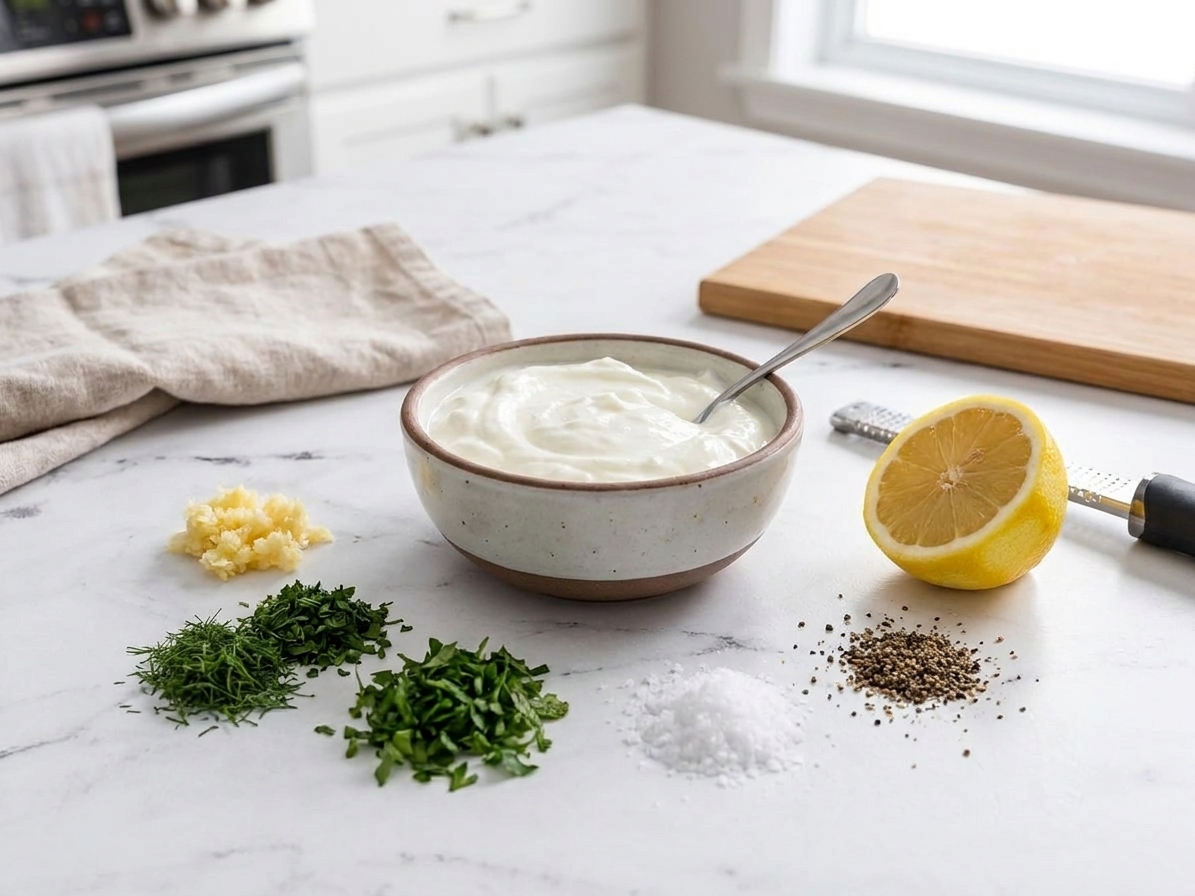 A small bowl of Greek yogurt with lemon, grated garlic, chopped herbs, salt, and pepper measured out on a kitchen counter
