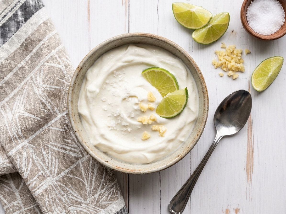 A small bowl of Greek yogurt with lime wedges, minced garlic, and salt on a kitchen counter next to a spoon