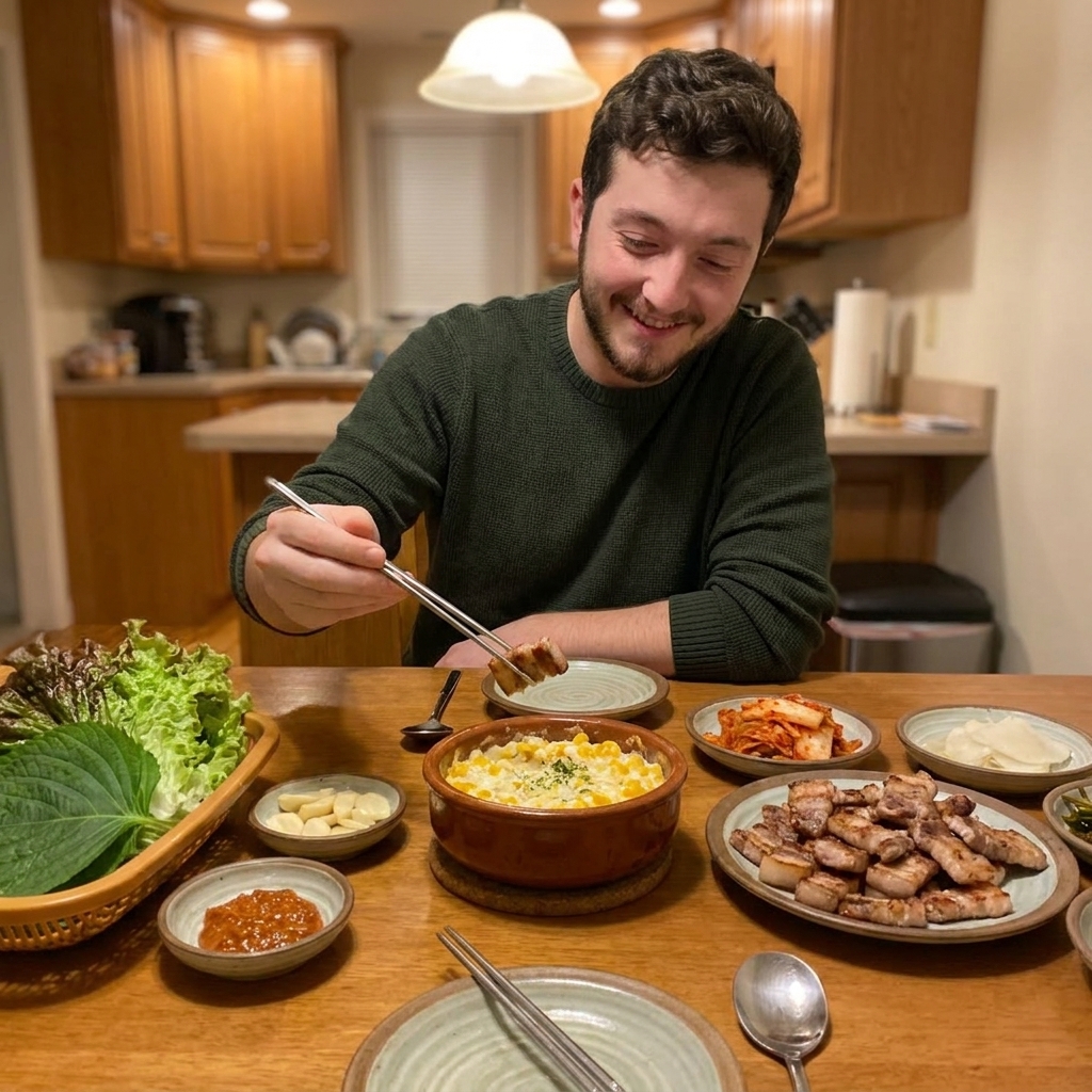 A small bowl of Korean cream corn cheese served alongside Korean BBQ style dishes on a dinner table, with chopsticks and small plates, realistic home dinner photo