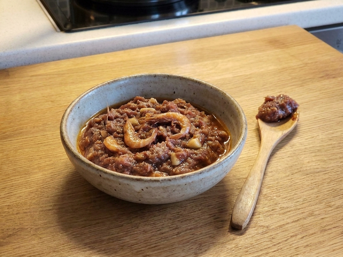 A small bowl of bagoong alamang shrimp paste on a wooden table next to a spoon, ready to serve