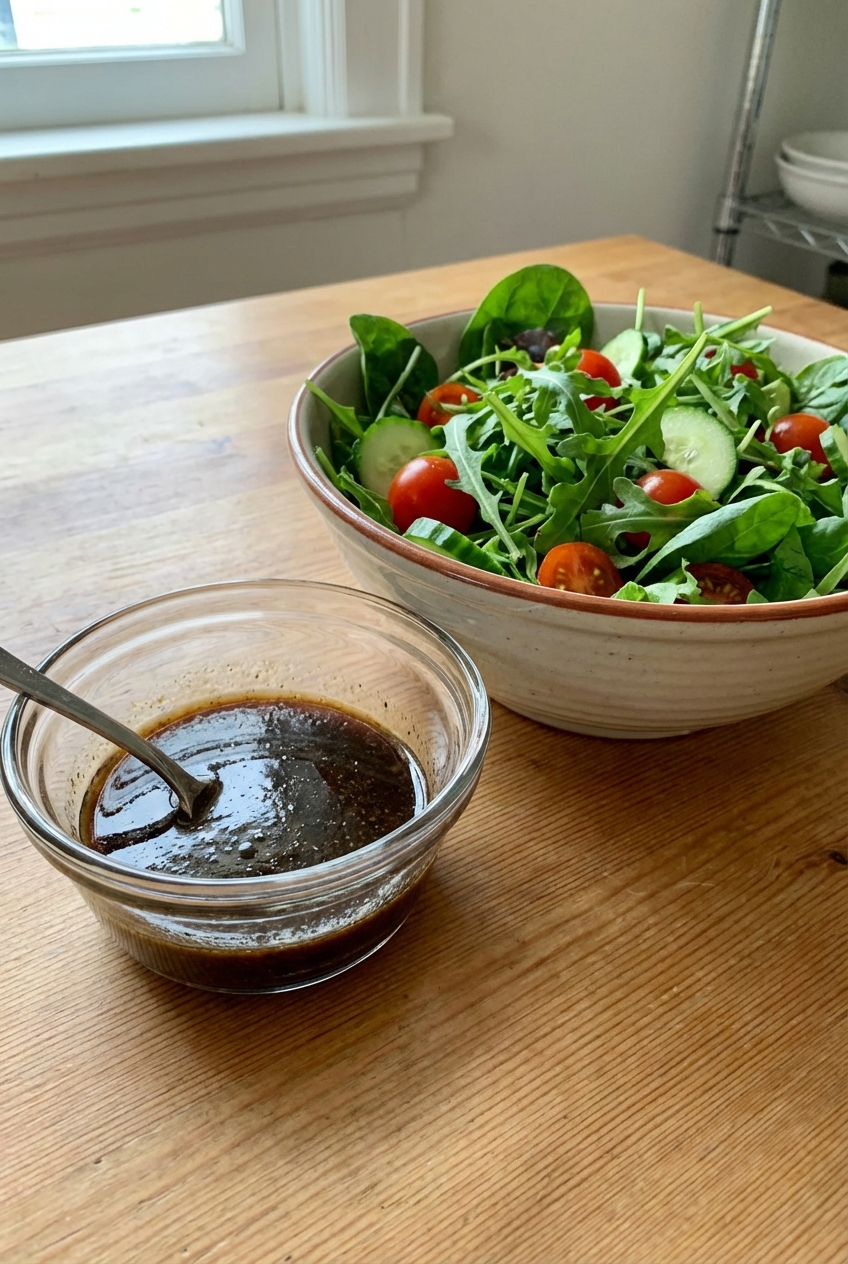 A small bowl of balsamic vinaigrette next to a mixed green salad