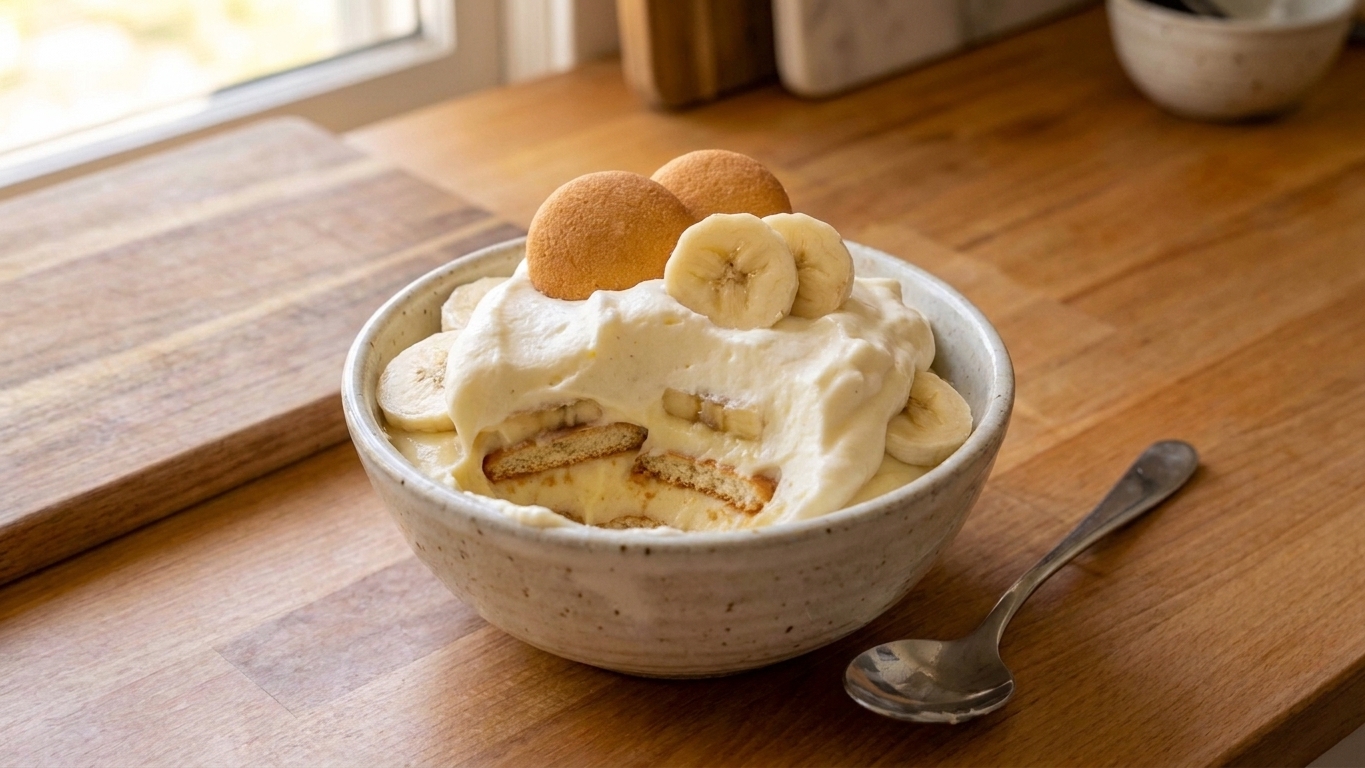 A small bowl of banana pudding with a scoop showing soft vanilla wafers and banana slices, set on a simple table with a spoon beside it