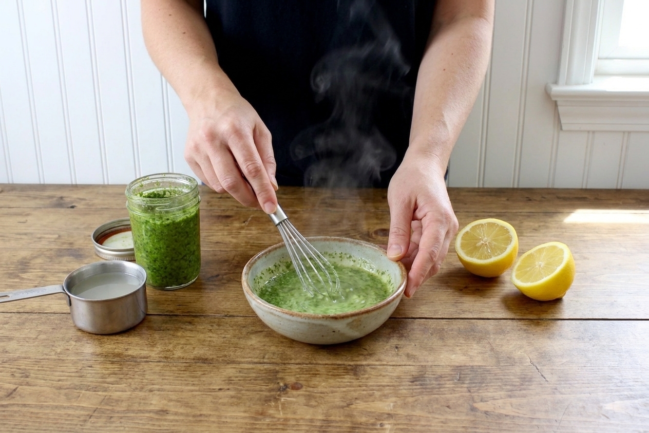 A small bowl of basil pesto dressing being whisked with lemon juice and pasta water on a kitchen counter