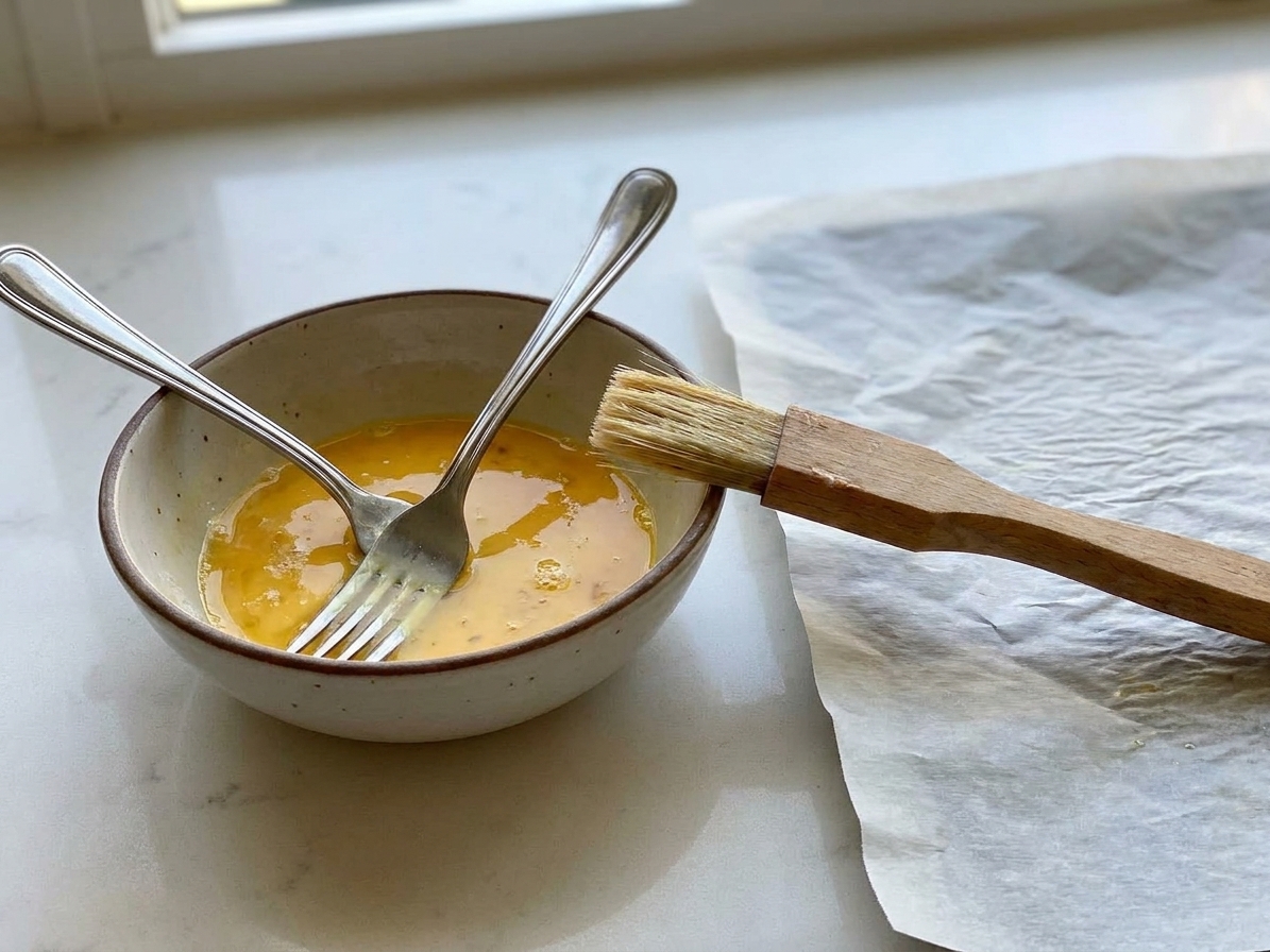 A small bowl of beaten egg wash with a fork and a pastry brush on a kitchen counter next to parchment paper