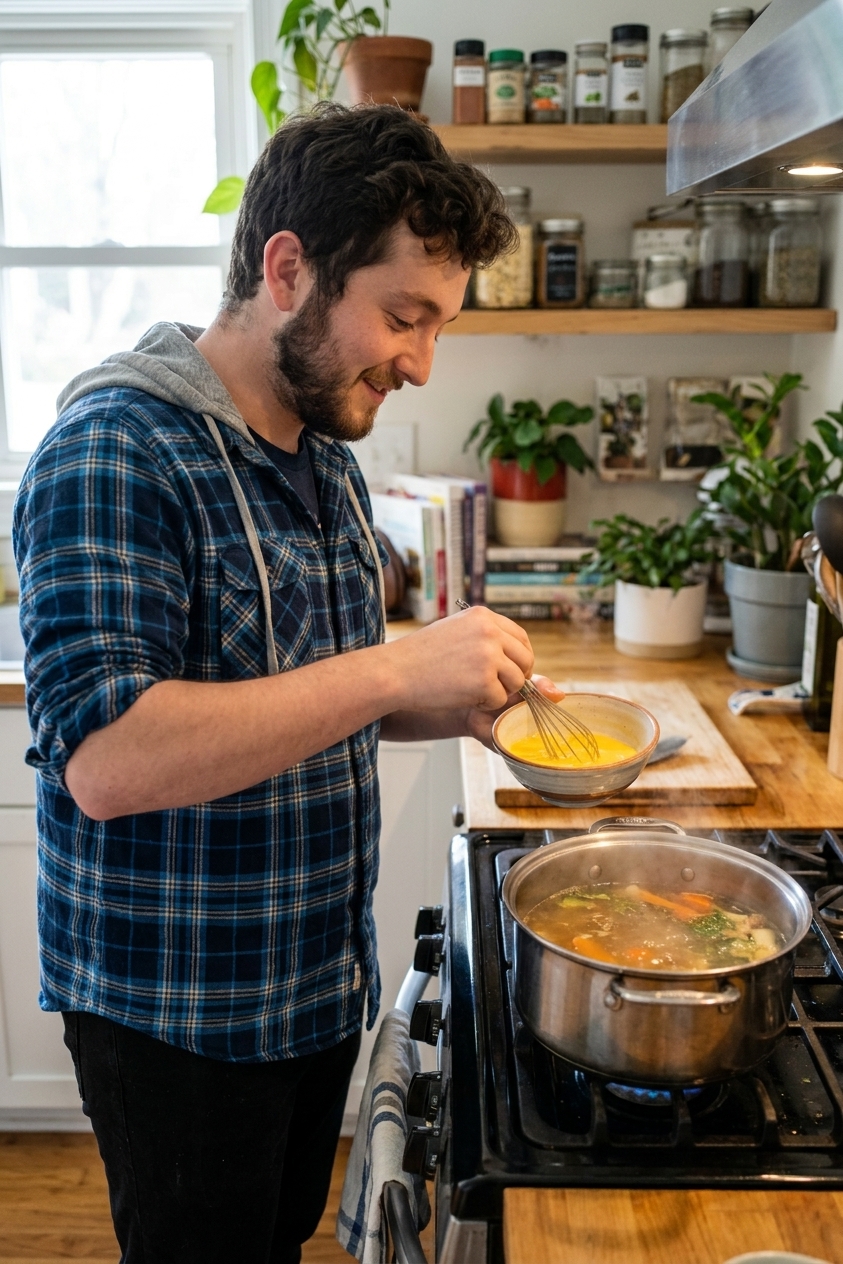 A small bowl of beaten eggs being whisked with a fork next to a pot of simmering broth on a stovetop, real kitchen scene, natural light