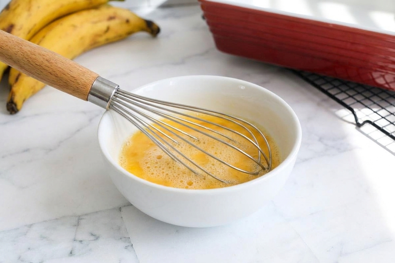 A small bowl of beaten eggs on a kitchen counter with a whisk resting inside