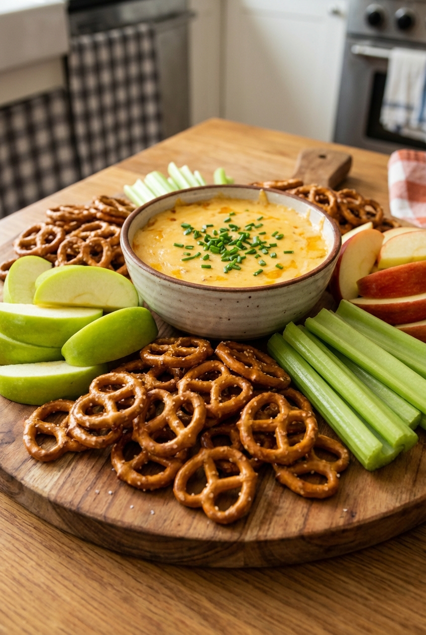 A small bowl of beer cheese dip on a snack board with pretzels, apple slices, and celery sticks