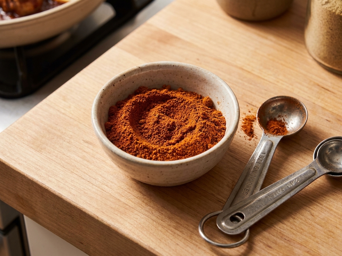A small bowl of berbere spice with paprika-red color on a kitchen counter next to measuring spoons