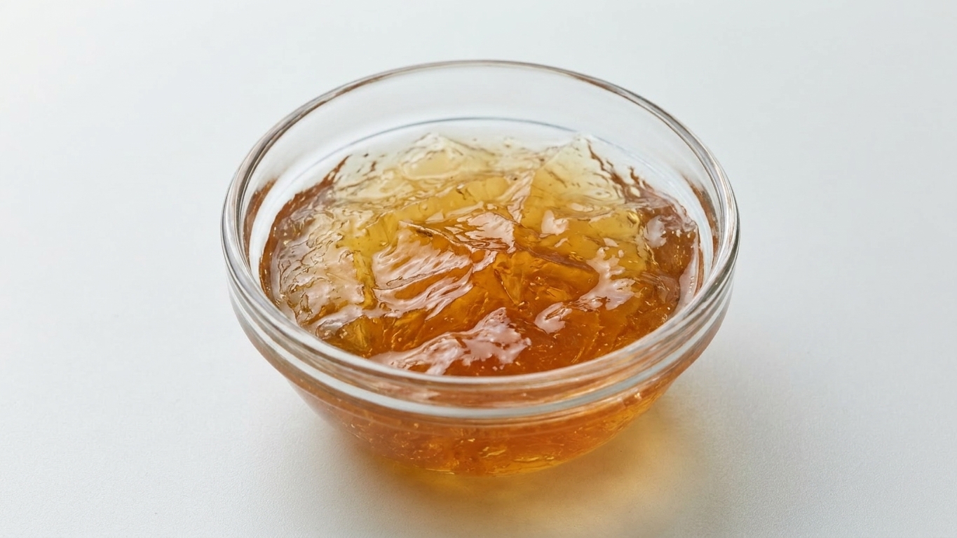 A small bowl of bloomed gelatin with a gelled, wrinkled surface on a kitchen counter