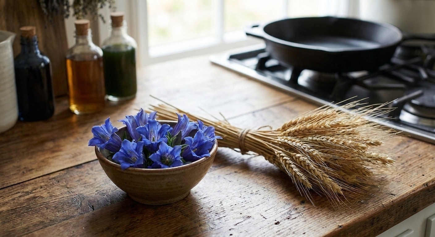 A small bowl of blue mountain flowers beside a bundle of wheat on a wooden counter