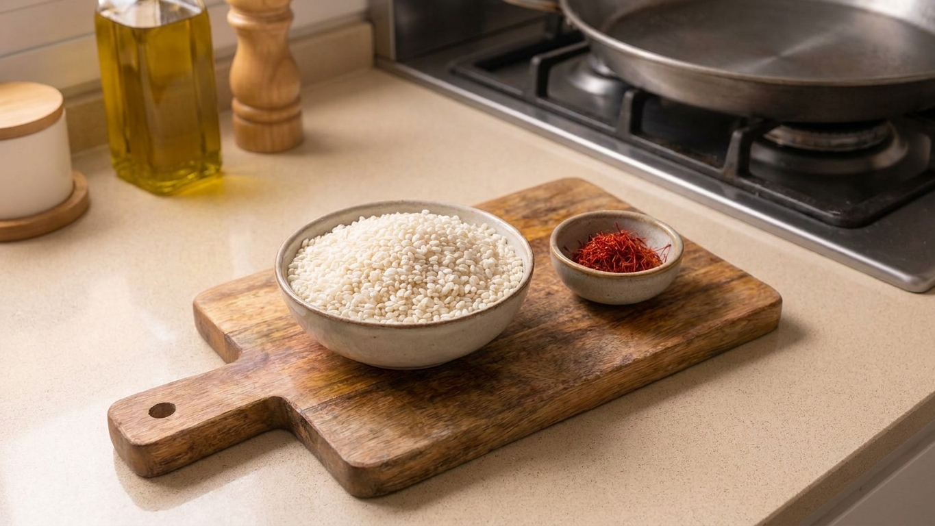 A small bowl of bomba rice next to a pinch bowl of saffron threads on a wooden cutting board