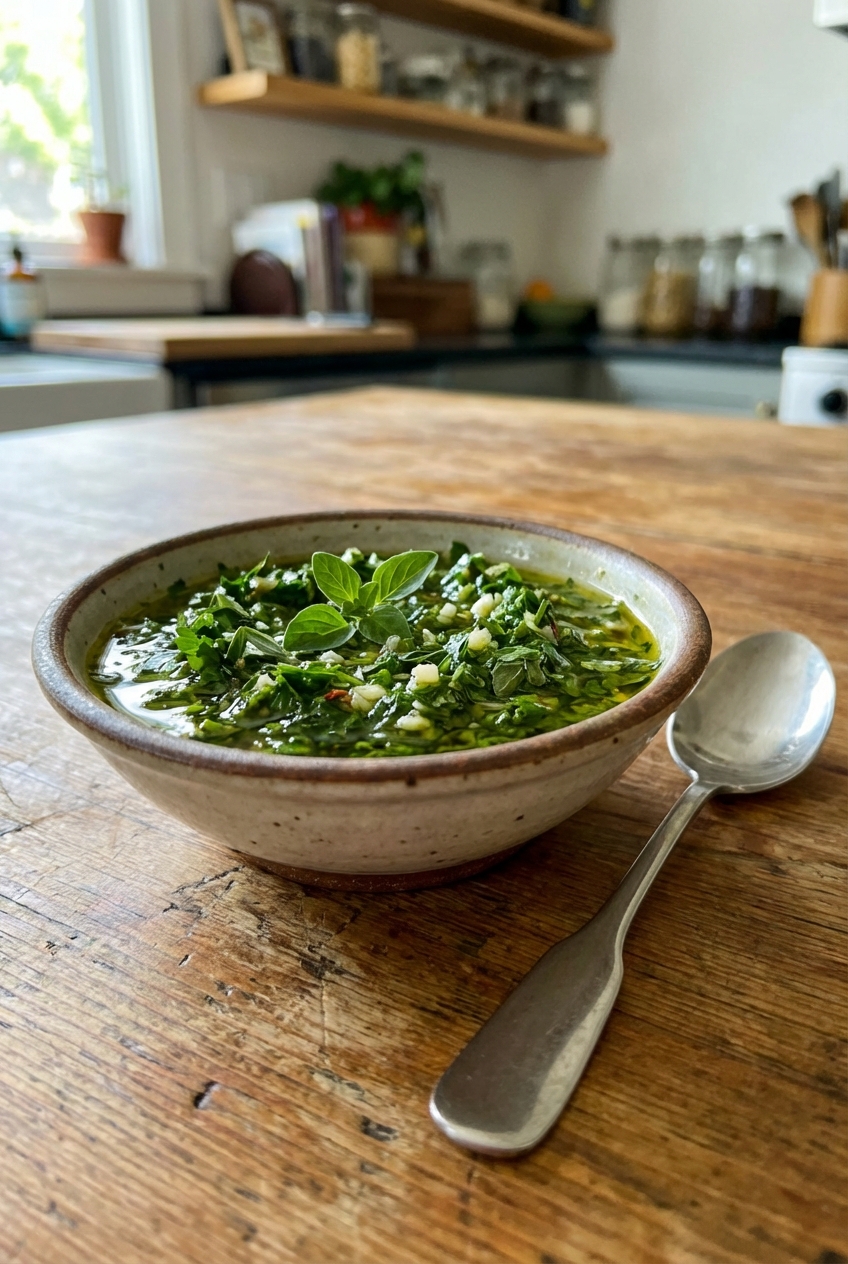 A small bowl of bright green chimichurri with chopped parsley and oregano next to a spoon on a wooden table