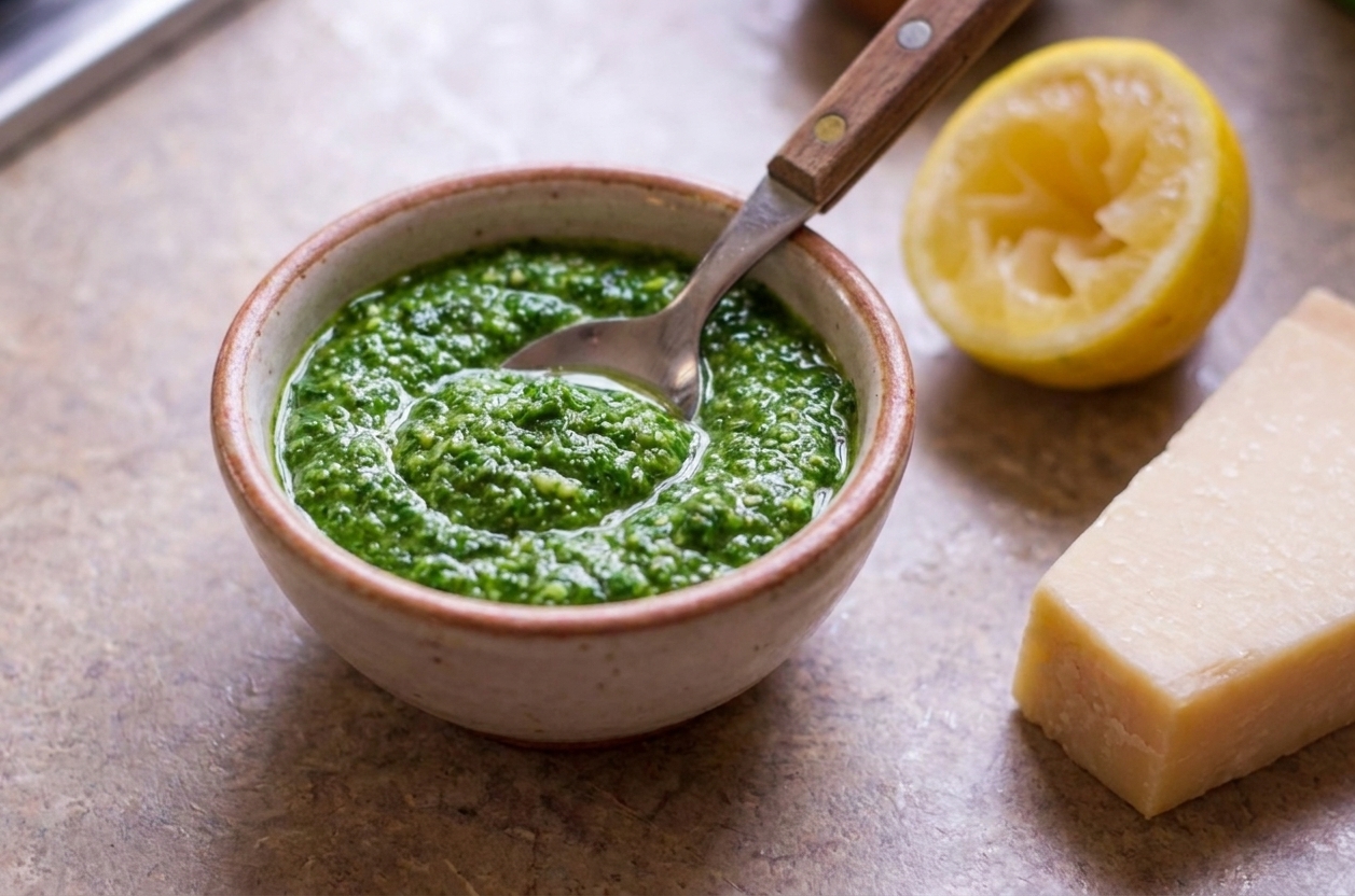 A small bowl of bright green kale pesto with a spoon resting in it on a neutral kitchen counter, with a lemon and a wedge of Parmesan nearby