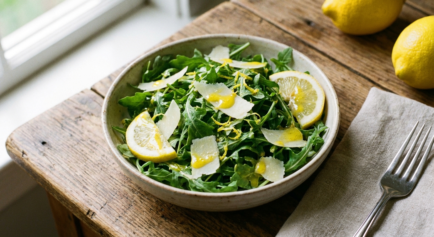 A small bowl of bright lemony arugula salad with shaved parmesan