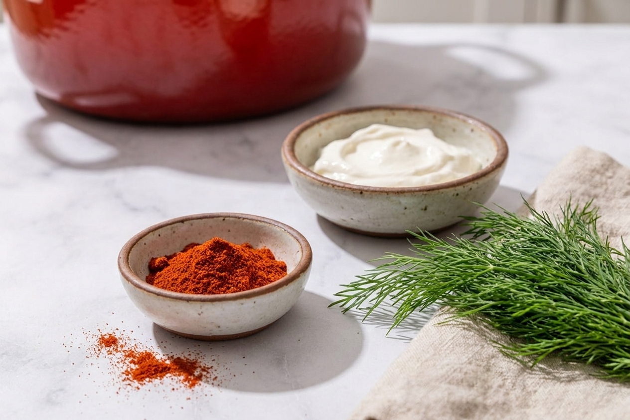 A small bowl of bright red Hungarian paprika beside a bowl of sour cream and a pile of fresh dill on a kitchen counter, softly lit