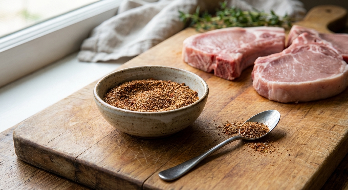 A small bowl of brown and red spice blend with a spoon beside it on a wooden cutting board, with raw pork chops in the background ready to be seasoned, natural window light, photorealistic food photography