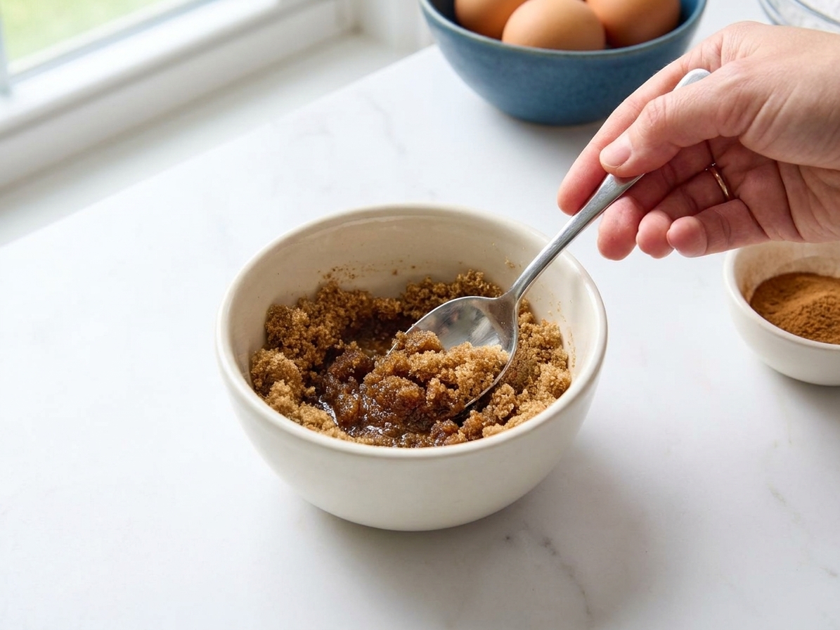 A small bowl of brown sugar and cinnamon mixture being stirred with a spoon until it looks like damp sand