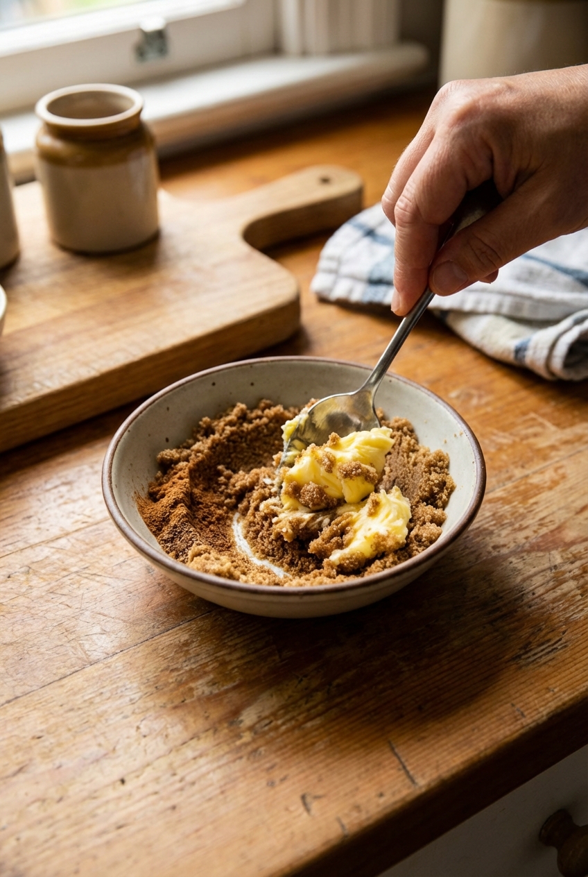 A small bowl of brown sugar and spices being mixed with softened butter using a spoon on a kitchen counter
