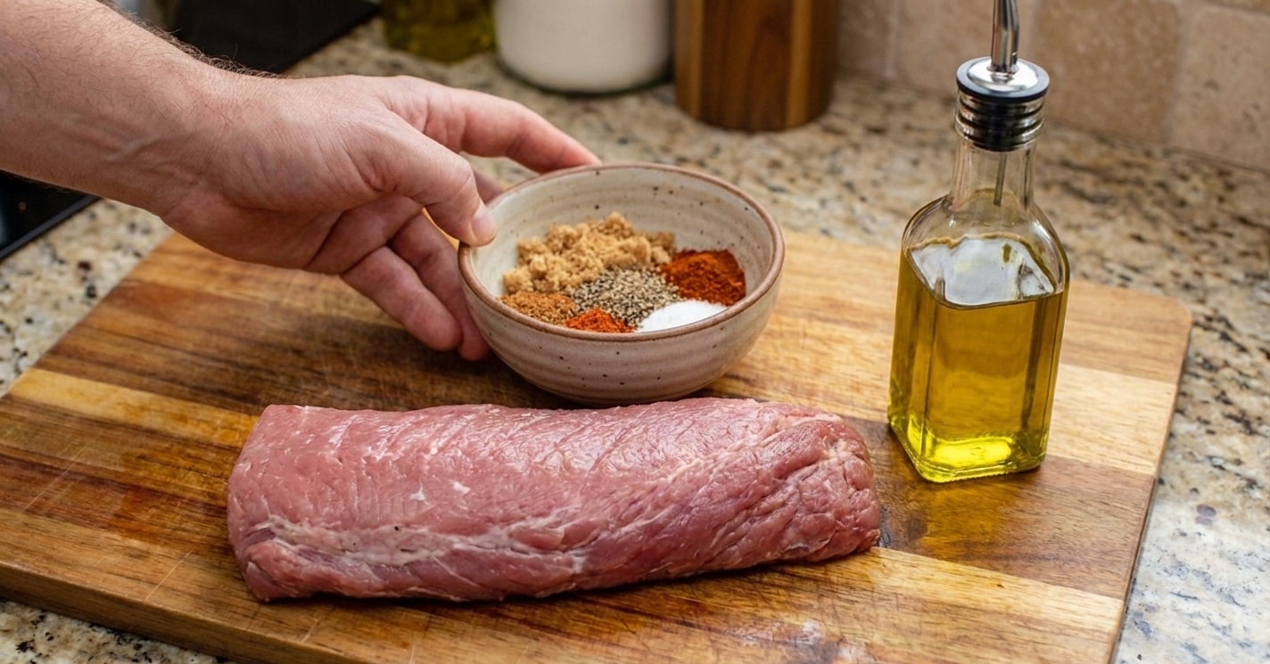 A small bowl of brown sugar and spices for pork rub next to a raw pork tenderloin on a cutting board with olive oil nearby on a kitchen counter