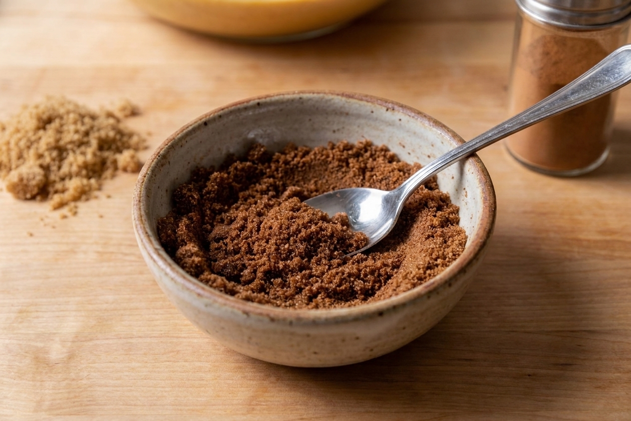 A small bowl of brown sugar cinnamon filling with a spoon resting inside on a wooden countertop