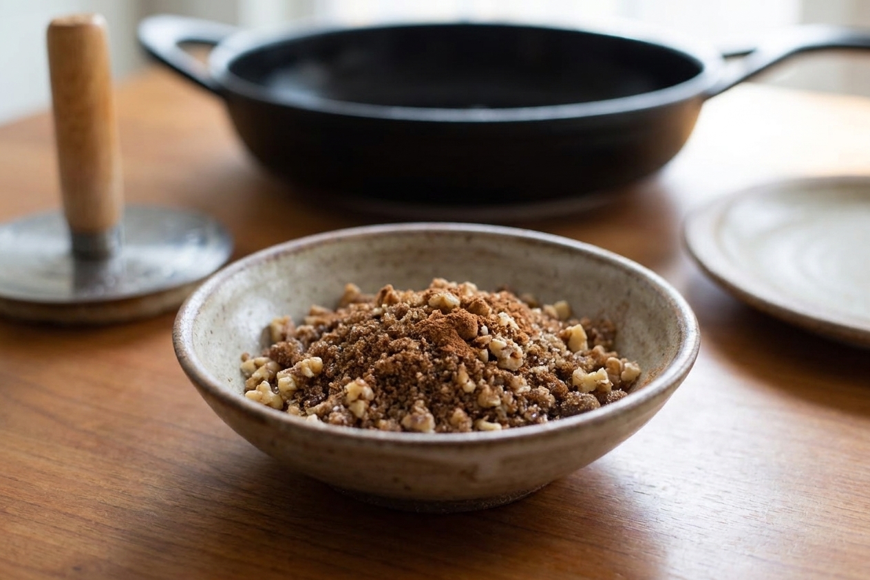 A small bowl of brown sugar mixed with cinnamon and chopped nuts on a kitchen counter, ready to fill hotteok dough