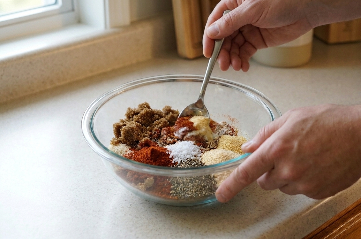A small bowl of brown sugar, paprika, salt, pepper, garlic powder, and onion powder being mixed with a spoon on a kitchen counter