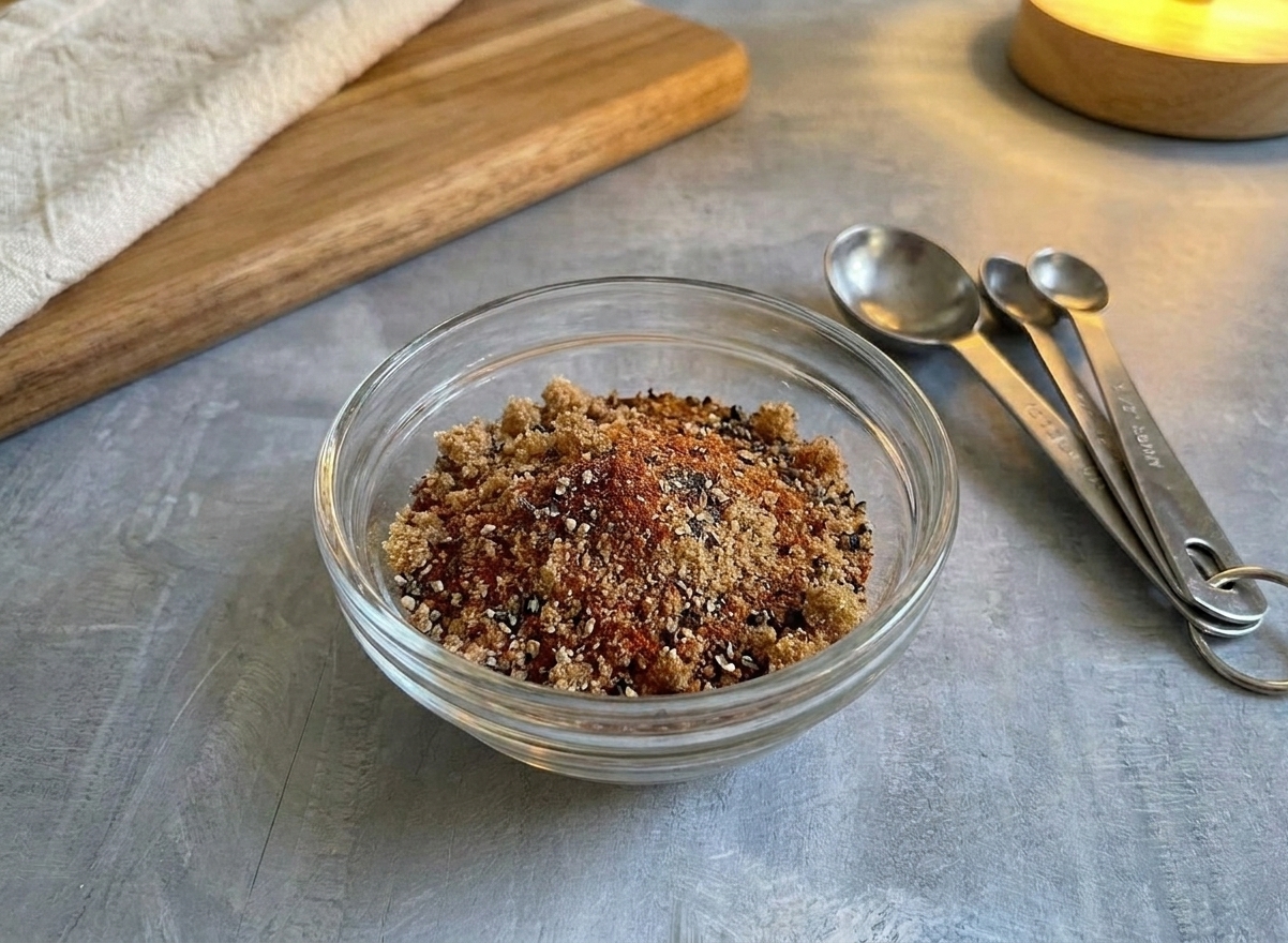 A small bowl of brown sugar spice rub with smoked paprika and black pepper on a kitchen counter next to measuring spoons
