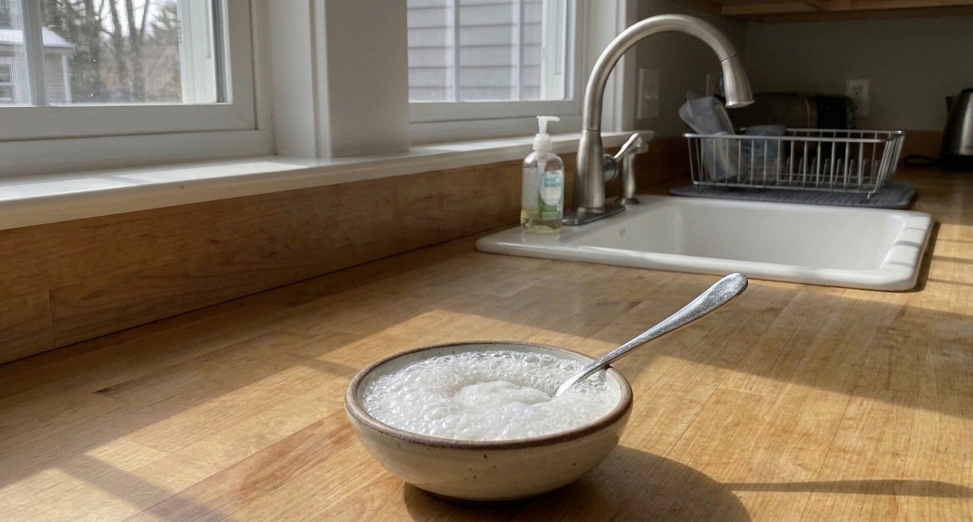 A small bowl of bubbling baking soda and vinegar paste on a kitchen counter with a spoon resting inside