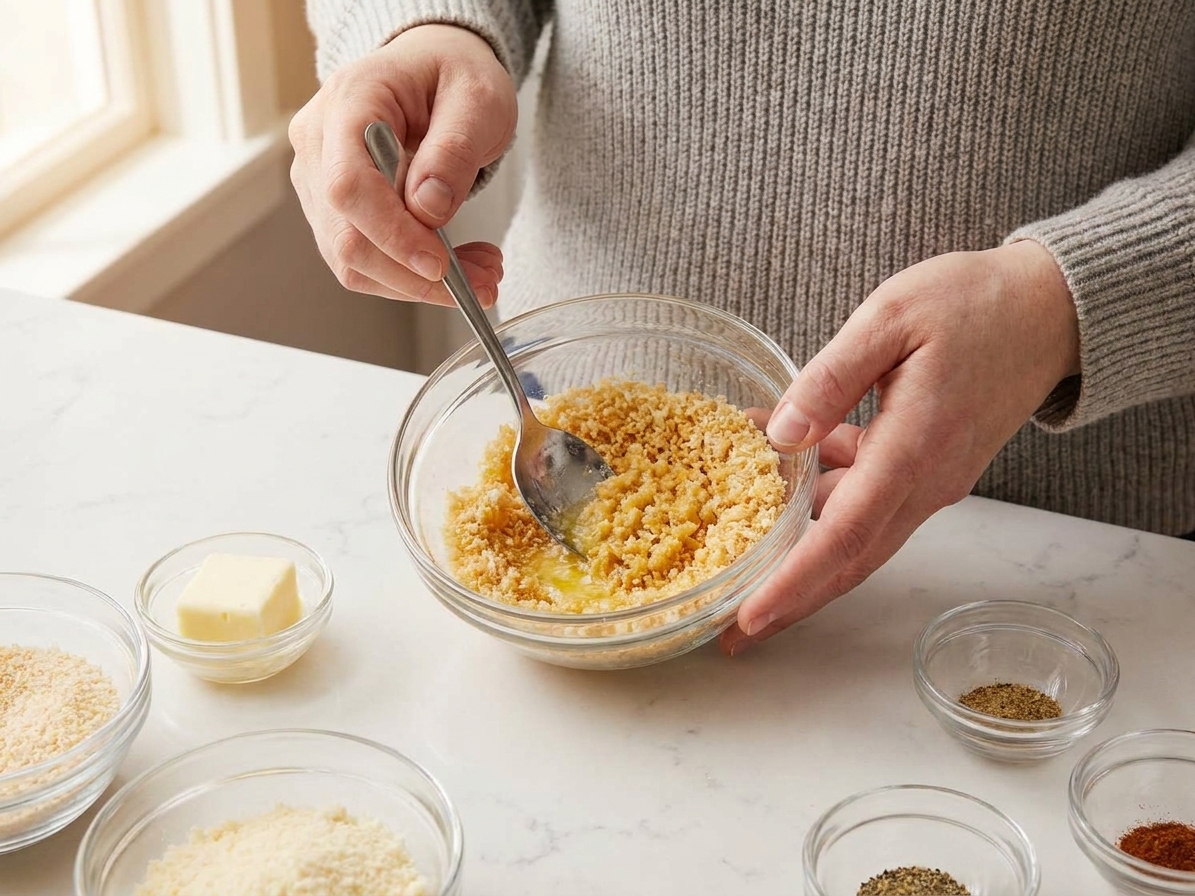 A small bowl of buttery panko breadcrumbs being mixed with a spoon on a kitchen counter