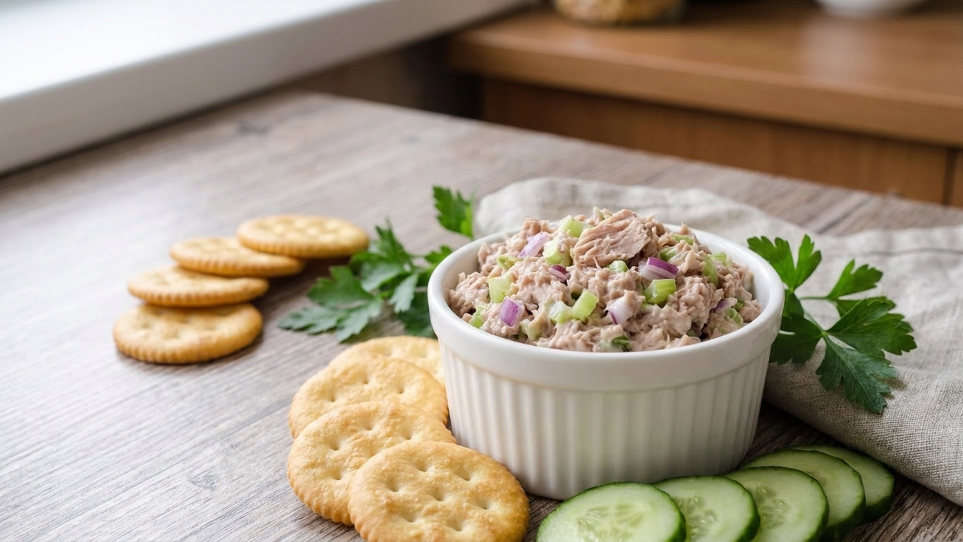 A small bowl of canned chicken salad served with crackers and sliced cucumbers on a simple table setting in natural light