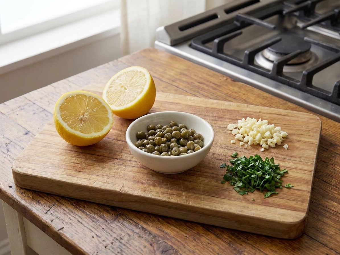 A small bowl of capers and fresh lemon halves on a wooden cutting board beside minced garlic and chopped parsley in a home kitchen