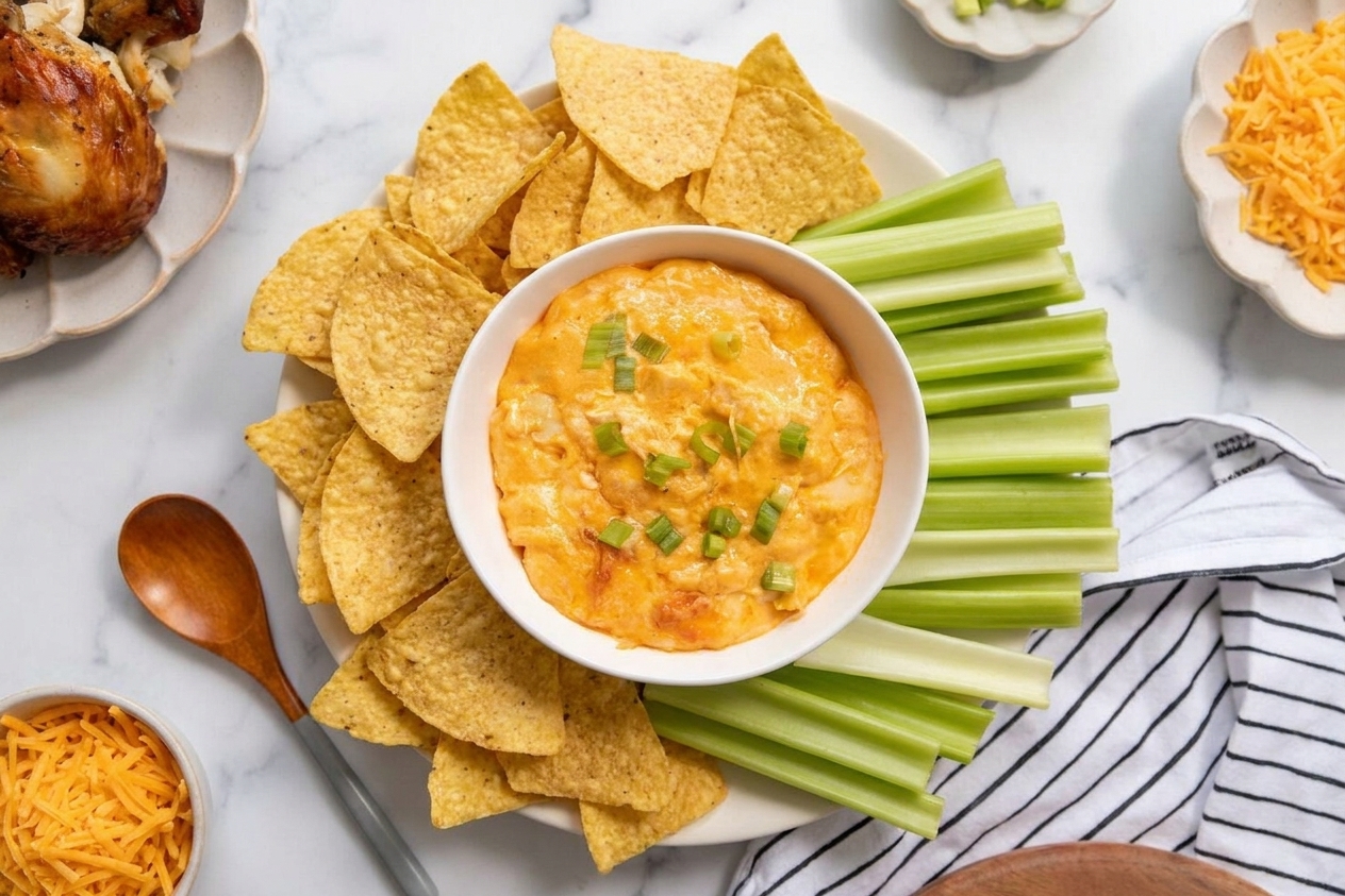 A small bowl of chicken wing dip on a table setting with tortilla chips and celery sticks alongside