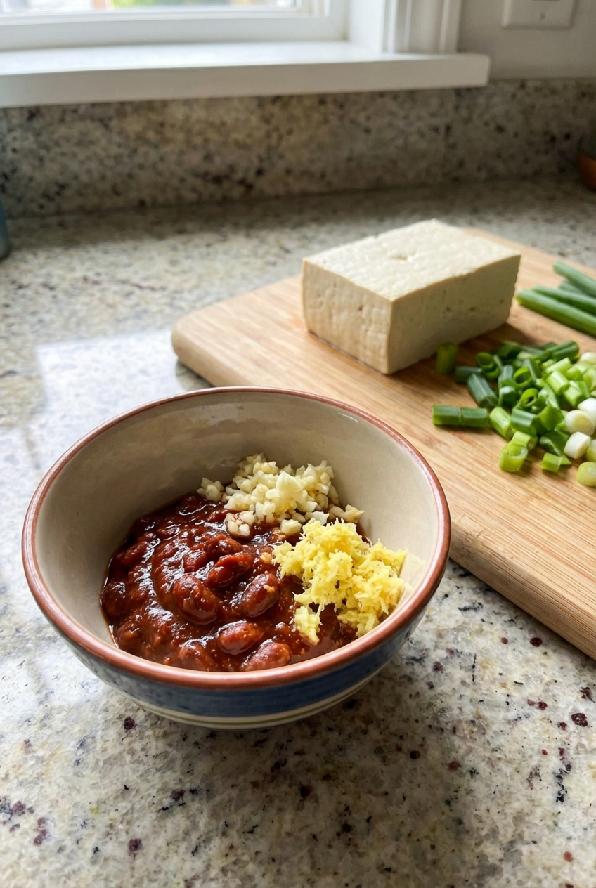 A small bowl of chili bean paste, minced garlic, and grated ginger set beside tofu and scallions on a kitchen counter