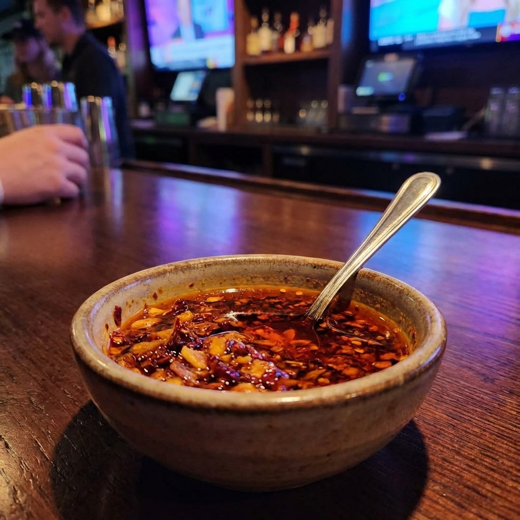 A small bowl of chili crisp oil with a spoon resting in it