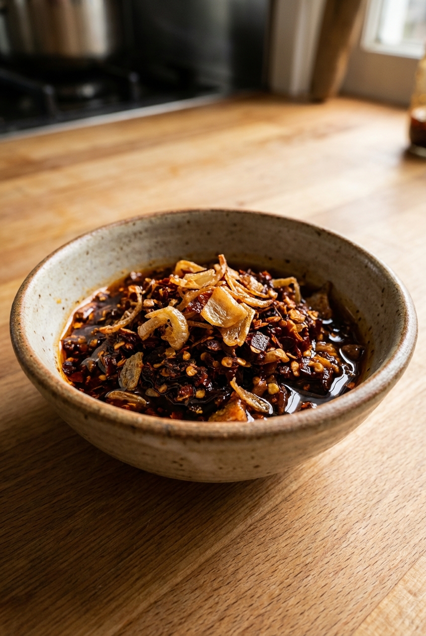 A small bowl of chili crisp with visible fried shallots and chili flakes