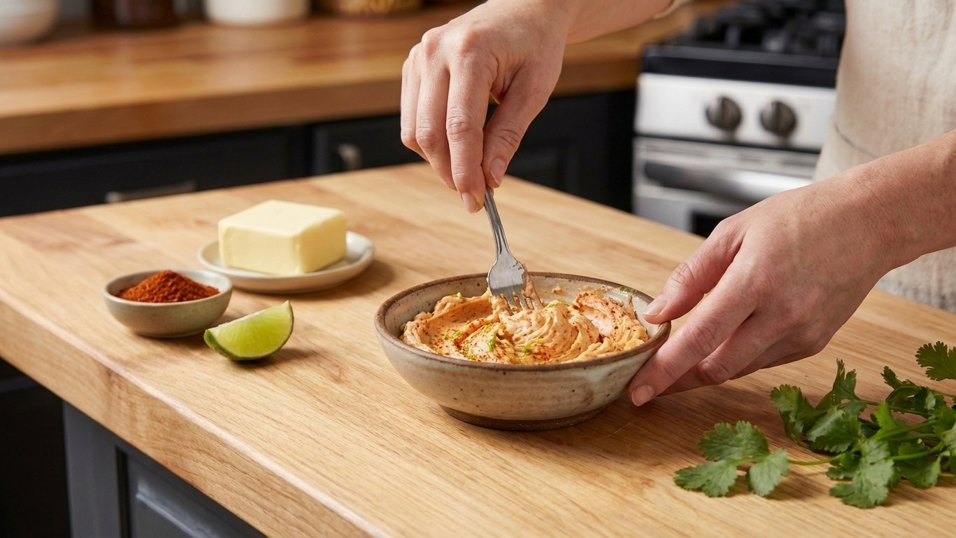 A small bowl of chili lime butter being mixed with a fork on a kitchen counter