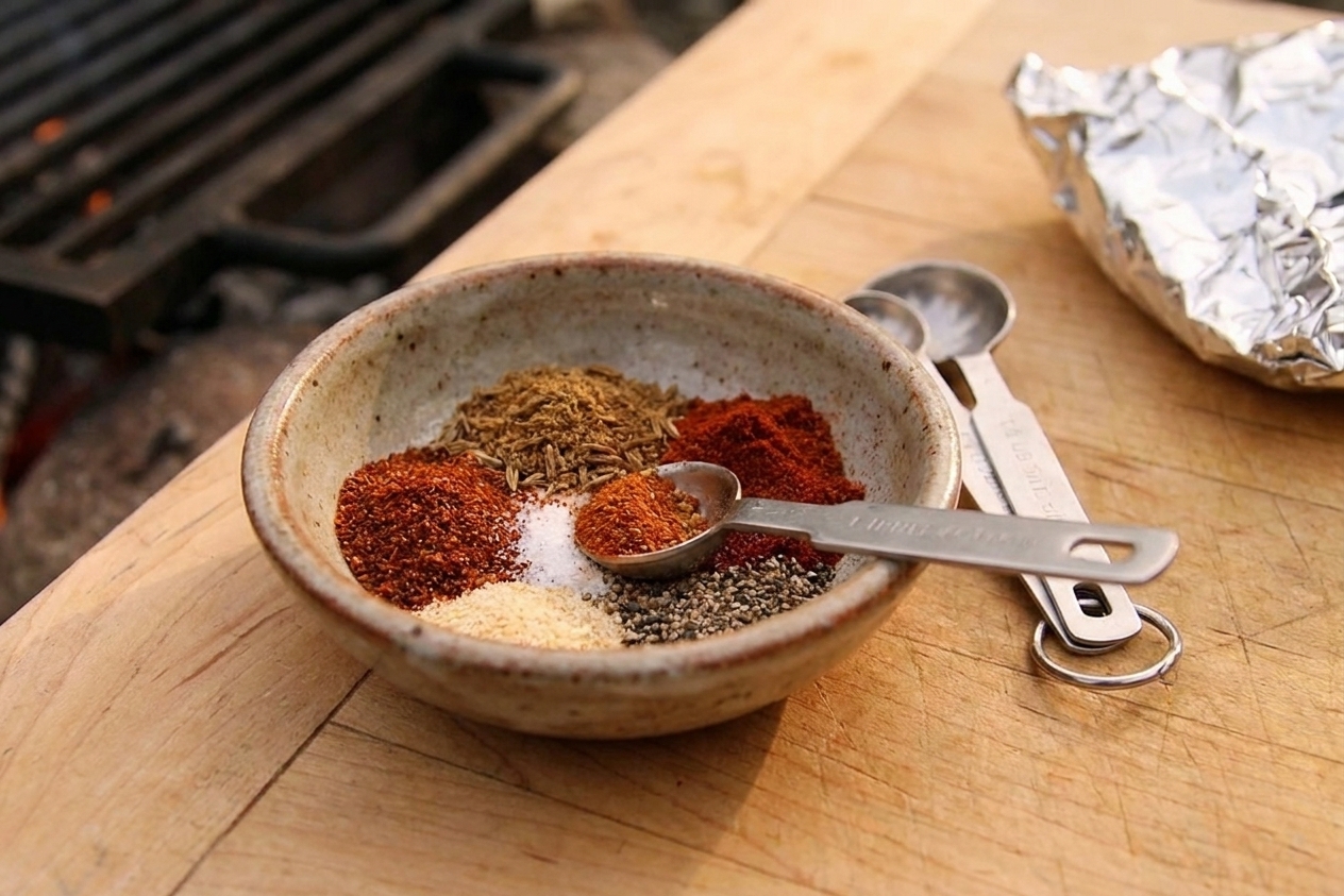 A small bowl of chili powder, cumin, smoked paprika, salt, garlic powder, and black pepper mixed together on a wooden counter with measuring spoons nearby