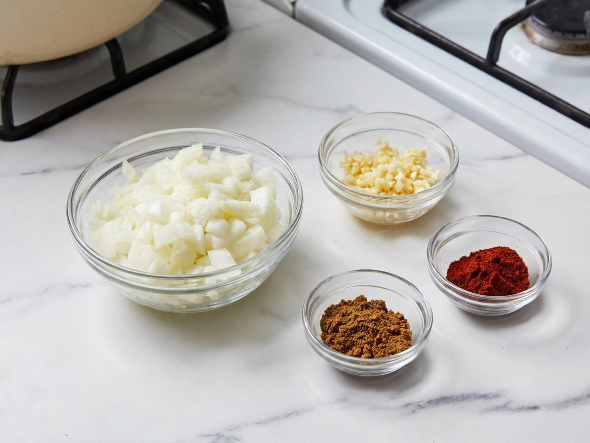 A small bowl of chopped onion and minced garlic next to measured spices on a kitchen counter, ready to be cooked