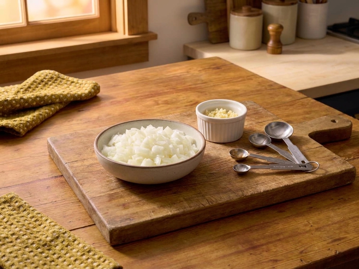 A small bowl of chopped onion and minced garlic prepped on a cutting board next to measuring spoons
