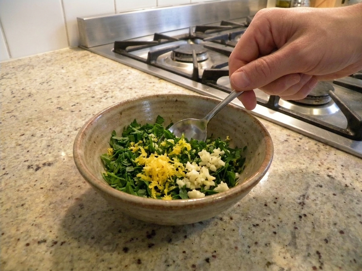 A small bowl of chopped parsley, lemon zest, and garlic being mixed with a spoon on a kitchen counter