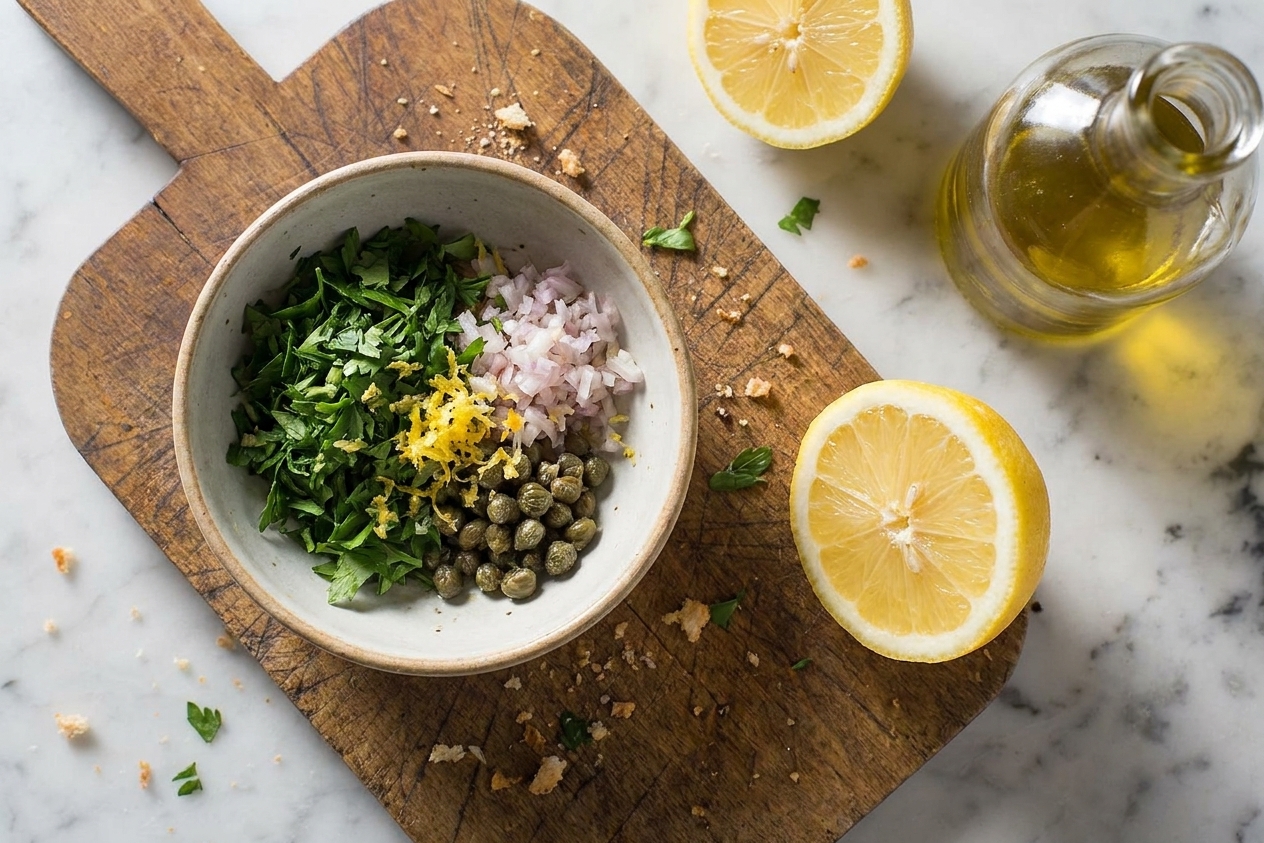 A small bowl of chopped parsley with minced shallot, lemon zest, and chopped capers on a cutting board beside a lemon and olive oil