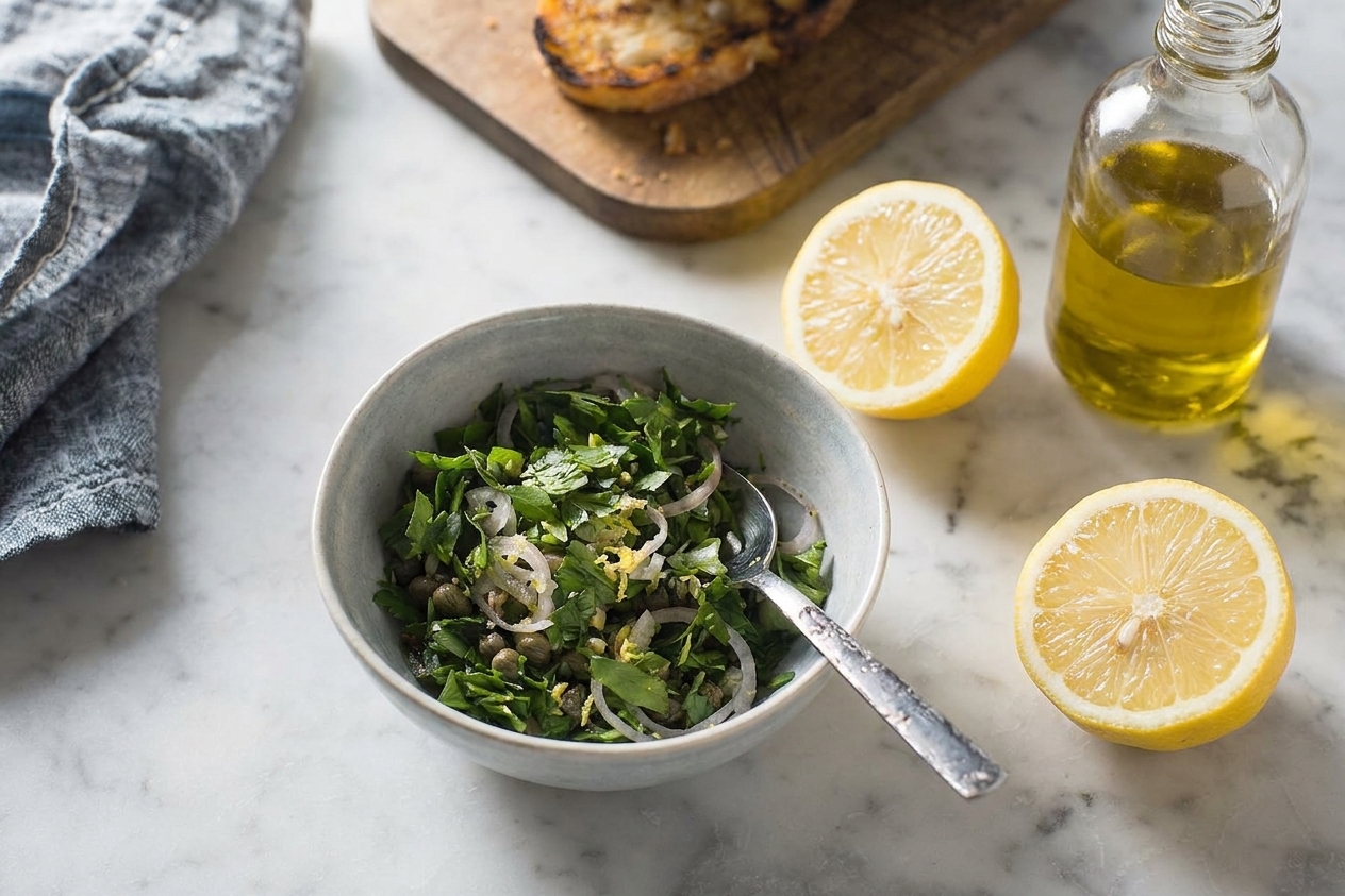 A small bowl of chopped parsley with minced shallot, lemon zest, and capers on a kitchen counter next to a cut lemon and olive oil