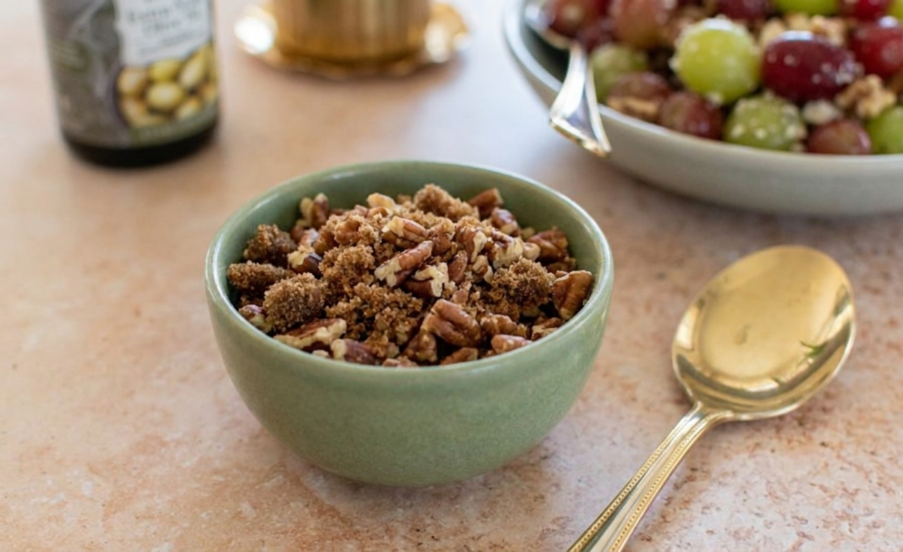 A small bowl of chopped pecans mixed with brown sugar for topping grape salad, sitting beside a serving spoon on a kitchen counter