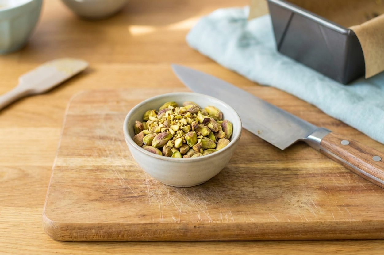 A small bowl of chopped toasted pistachios on a cutting board beside a knife on a kitchen counter