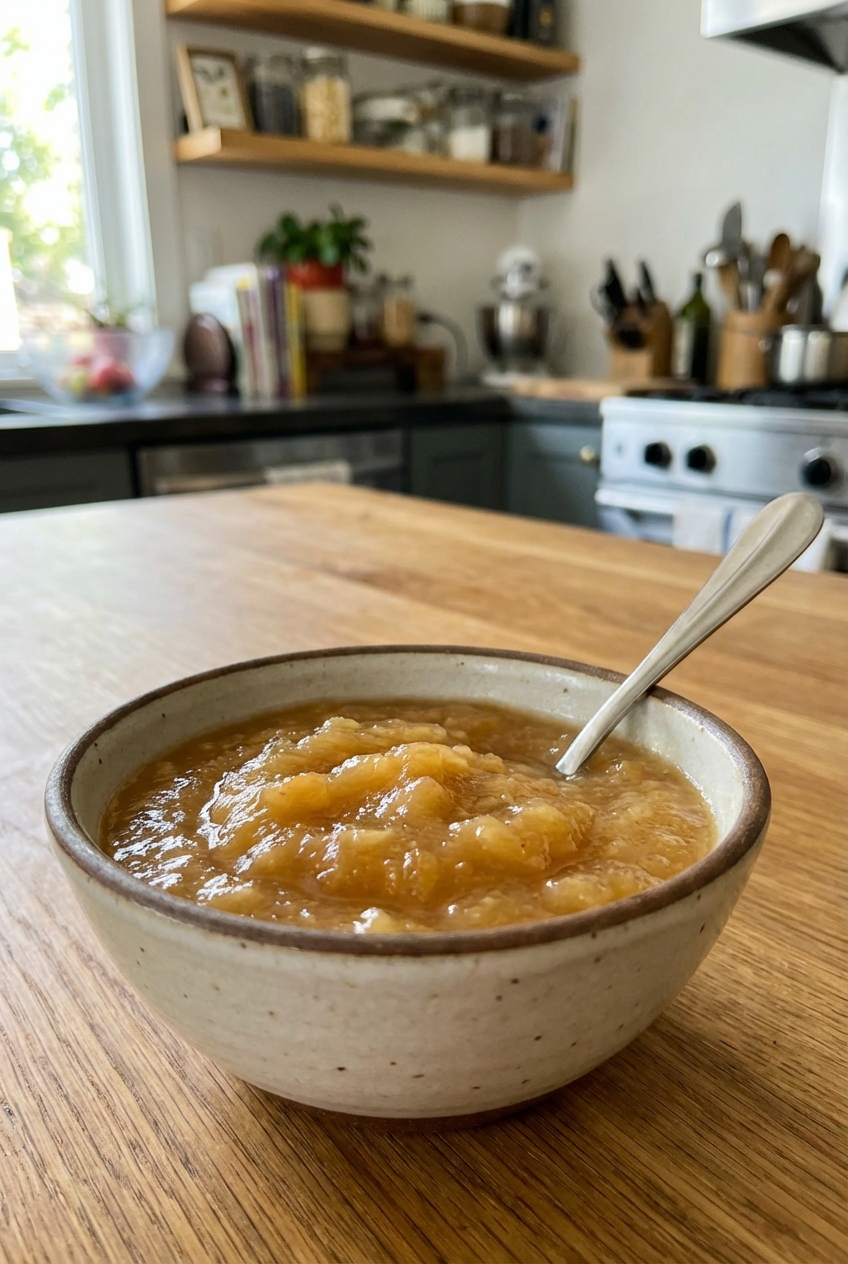 A small bowl of chunky applesauce with a spoon on a table
