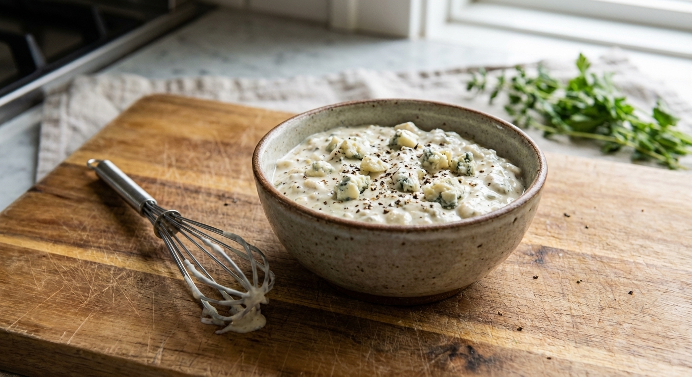 A small bowl of chunky homemade blue cheese dressing with visible crumbles and black pepper on a wooden cutting board with a whisk nearby, close-up food photography